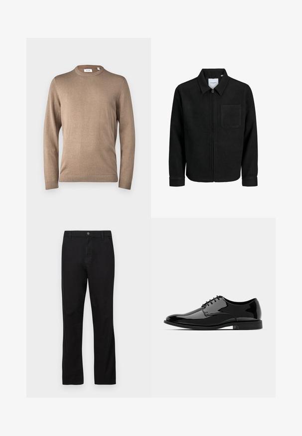 Mustaga lukuga jakker, millel on krae ja üks rinna-tasku, esitatud valgel taustal.; Only & Sons ONSALEX CREW NECK - Džemper - desert taupe; Mustadest puuvillast pükstest, millel on sirge jala disain, nupuga kinnitamine, ees ja taga taskud ning sile tekstuur.; Mustan läikiva nahast kleitking, millel on ümar varvas, nööridega disain ja sile, läikiv pind. Omab madalat kummitalda.