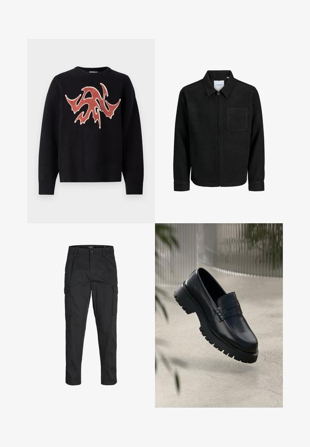 Musta vetoketjullinen takki, jossa on kaulus ja yksi rintatasku, esitelty valkoista taustaa vasten.; Mustat neuleet, jossa on pyöreä kaula-aukko, etupuolella teksturoitu, abstrakti punainen ja kerma design. Ribbaus hihansuissa ja helmassa.; Mustat cargo-housut, jotka on valmistettu kestävästä kankaasta. Housuissa on useita taskuja, nappisulku ja kapea istuvuus, jossa on kapenevat lahkeet.; Mustat nahka loaferit, joissa on paksu pohja, koristeellinen nauha ja ompelu yksityiskohtana. Liukas pinta kiiltävällä viimeistelyllä.