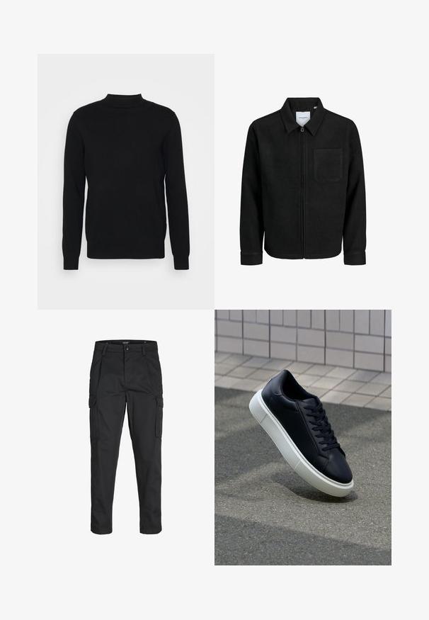 Černá zipová bunda s límečkem a jednou kapsou na hrudi, vystavená na bílém pozadí.; Černý svetr přes hlavu z měkké látky s vysokým límcem a dlouhými rukávy. Jednoduchý design, bez vzorů nebo ozdob.; Černé cargo kalhoty vyrobené z odolné tkaniny, s mnoha kapsami, knoflíkovým zapínáním a slim fit střihem se zúženými nohavicemi.; Černé kožené tenisky s kulatou špičkou a bílou gumovou podrážkou. mají ploché tkaničky a minimální šití na svršku. Texturovaná podrážka pro lepší přilnavost.
