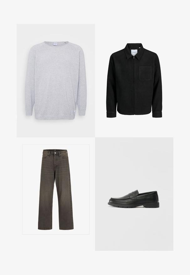 Črna jakna z zadrgo in ovratnikom ter enim žepom na prsih, prikazana na beli podlagi.; Svetlo sivi pulover z dolgimi rokavi, okroglo izreza in teksturiranim pletenjem. Ima subtilen pikčast vzorec in majhno oznako na robu.; Široke hlače iz temno sive denim tkanine, s wysokim pasom, klasičnim pet-pocket dizajnom in kontrastnim šivom ob šivih.; Črne usnjene loafer čevlje z gladko površino, zgornjim delom v slogu mokasin, šivanimi detajli in gumijastim podplatom. Klasična zasnova z nizko peto.