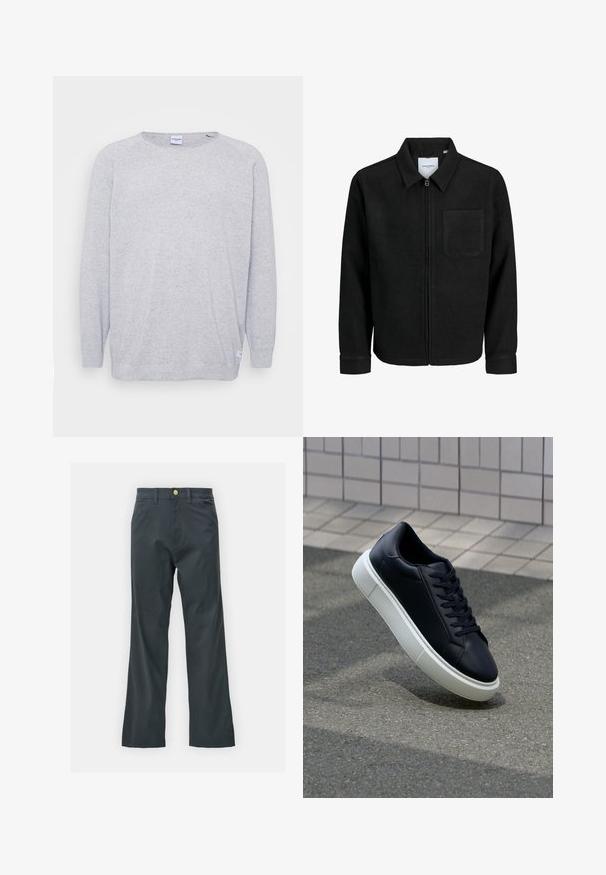Crna jakna na zip s ovratnikom i jednim džepom na prsima, prikazana na bijeloj pozadini.; Svijetlo sivi pulover s dugim rukavima, okruglim izrezom i teksturiranim pletenjem. Sadrži suptilni mrljasti uzorak i malu oznaku na rubu.; Crne hlače s ravnim krojem, napravljene od tkanine s pamukom. Imaju metalnu dugmad za zatvaranje i bočne džepove. Nema vidljivih uzoraka.; Crne kožne tenisice s zaobljenim vrhom i bijelim gumiranim potplatom. Imaju ravne vezice i minimalno šivanje na gornjem dijelu. Teksturirani potplat za bolje prianjanje.