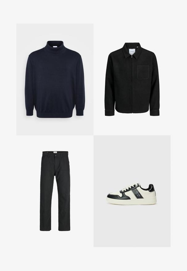 Mustaga lukuga jakker, millel on krae ja üks rinna-tasku, esitatud valgel taustal.; Jack & Jones JJEBASIC ROLL NECK - Džemper - navy; Mustad mustad, mis on valmistatud vastupidavast kangast, sirge jala disainiga, õmmeldud detailidega ja kahe eesmise taskuga funktsionaalsuse jaoks.; Nahatud nahkkingad musta ja kreemi värviskeemiga, millel on perforeeritud aktsendid, pehme krae ja tekstureeritud tallad.