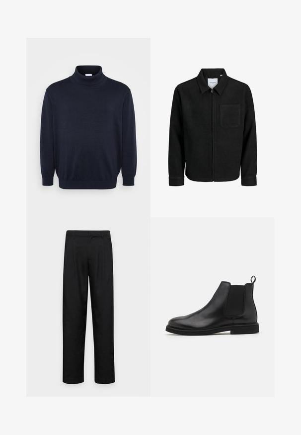 Black zip-up jacket with collar and single chest pocket, displayed on white background.; Jack & Jones JJEBASIC ROLL NECK - Jumper - navy; Black trousers made of smooth fabric, featuring a straight-leg design, two front pleats, and standard waistband with belt loops.; Black leather Chelsea boots with elastic side panels and a pull tab. Rounded toe and flat rubber sole, showcasing a smooth finish.