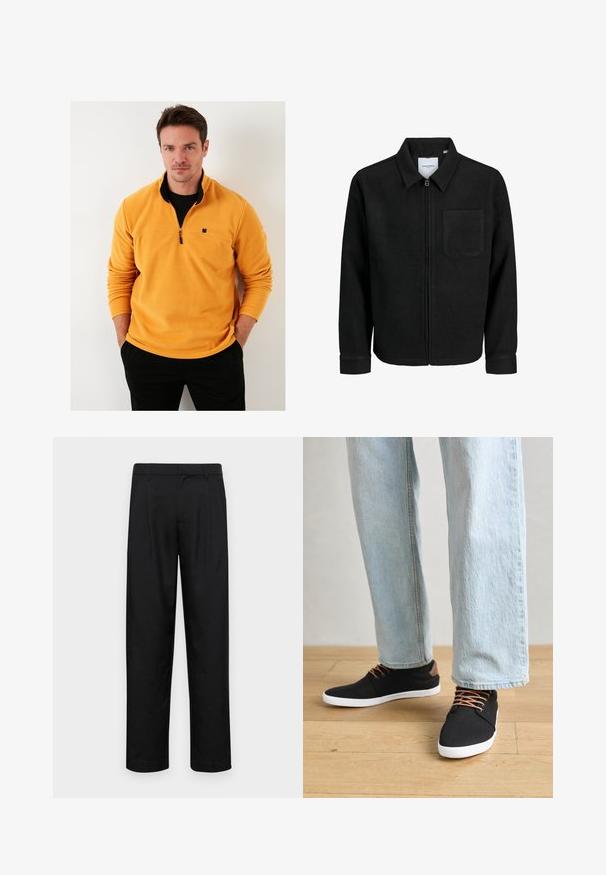Chaqueta negra con cremallera y cuello, con un solo bolsillo en el pecho, expuesta sobre un fondo blanco.; Sudadera de forro polar amarilla con cuello de cremallera de cuarto, con un logotipo de hoja bordado en negro en el pecho y mangas de canalé.; Pantalones negros de tela suave, con un diseño de pierna recta, dos pliegues frontales y una cintura estándar con trabillas para el cinturón.; Zapatillas de lona negras con detalles marrones, suelas de goma blanca y cordones marrones, combinadas con jeans rectos de color azul claro. Fondo de suelo de madera.