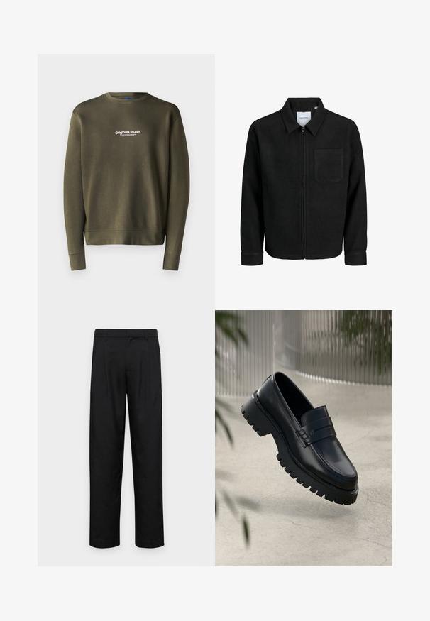 Jachetă neagră cu fermoar, cu guler și un singur buzunar pe piept, expusă pe fundal alb.; Sweatshirt verde măsliniu cu guler rotund, mâneci lungi și manșete ajustate. Are brodat în alb pe piept "Originals Studio".; Pantaloni negri dintr-un material neted, cu un design drept, două pliuri frontale și un tiv standard cu bucle pentru curea.; Loafers din piele neagră cu talpă chunky, având o curea decorativă și detalii de cusătură. Textură netedă cu un finisaj lucios.