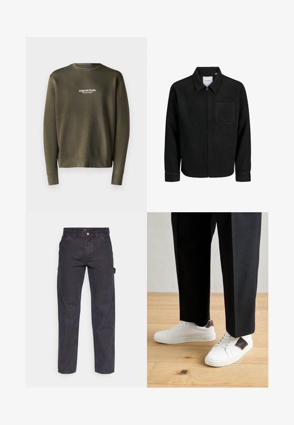 Chaqueta negra con cremallera y cuello, con un solo bolsillo en el pecho, expuesta sobre un fondo blanco.; Sudadera verde oliva con cuello redondo, mangas largas y puños ajustados. Presenta "Originals Studio" bordado en blanco en el pecho.; Pantalones cargo de color gris oscuro, confeccionados con un tejido duradero, que presentan un corte recto, cinco bolsillos y un cierre de botón en la cintura.; Zapatillas blancas con textura suave, con acentos de cuero marrón y detalles en negro, combinadas con pantalones negros ajustados. Fondo de suelo de madera.