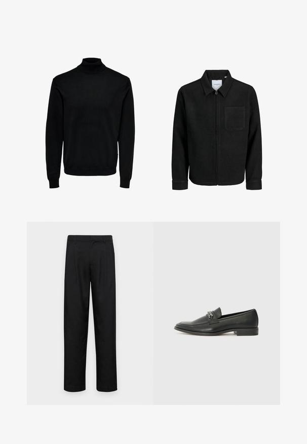 Jachetă neagră cu fermoar, cu guler și un singur buzunar pe piept, expusă pe fundal alb.; Pulover cu guler înalt negru, realizat dintr-un material moale, are mâneci lungi, manșete și tiv striate, cu un design de guler mulat și textură netedă.; Pantaloni negri dintr-un material neted, cu un design drept, două pliuri frontale și un tiv standard cu bucle pentru curea.; Pantofii negri din piele cu un finisaj neted, având un design cusut și un accent decorativ de lanț metalic peste partea de sus. Toc plat.
