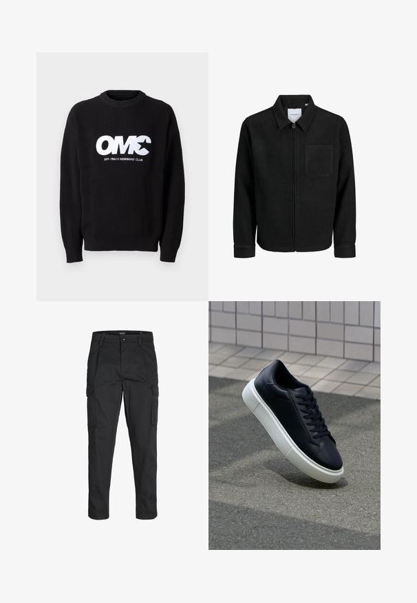 Czarna kurtka z zamkiem na całej długości, z kołnierzem i jedną kieszenią na piersi, umieszczona na białym tle.; Czarny żebrowany sweter z okrągłym dekoltem, z wyraźnym białym haftowanym napisem "OMC" oraz "OFF-TRACK MEMBERS' CLUB" na przodzie.; Czarne spodnie cargo wykonane z wytrzymałego materiału, z wieloma kieszeniami, zapięciem na guzik oraz zwężanym krojem nogawek.; Czarne skórzane sneakersy z okrągłym noskiem i białą gumową podeszwą. Posiadają płaskie sznurowadła i minimalne przeszycia na cholewce. Teksturowana podeszwa zapewnia przyczepność.