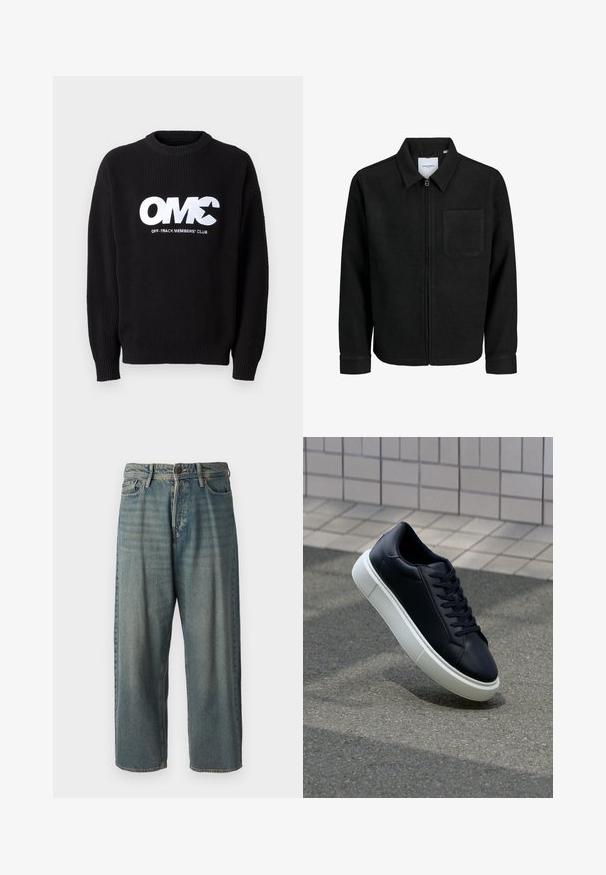 Veste zippée noire avec col et poche poitrine unique, présentée sur fond blanc.; Sweatshirt en tricot côtelé noir avec un col rond, présentant un texte blanc brodé distinctif "OMC" et "OFF-TRACK MEMBERS' CLUB" sur le devant.; Jeans en denim bleu clair avec une coupe ample, taille mi-haute et jambes droites. Comprend cinq poches, des passants de ceinture et une fermeture à bouton.; Baskets noires en cuir avec bout arrondi et semelle en caoutchouc blanc. Elles présentent des lacets plats et une couture minimale sur la tige. Semelle texturée pour une bonne adhérence.