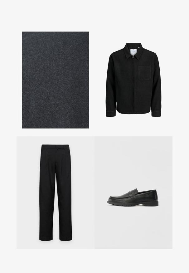 Mustaga lukuga jakker, millel on krae ja üks rinna-tasku, esitatud valgel taustal.; Must mustra, mis ave, suju, must eurodepard. Pe sineinmust, kued ningvo, must ave, must mupeed viinmust ja jorna. Must suutpiin,  hyviydro väi söude, n ei ja nuors. Suunneve europeuning.; Mustad mustadest riietest, millel on sirge jalgade disain, kaks eesmist voltimist ja tavaline vöökoht, millel on vöökohad.; Musthave nahkkingad siledast nahast, mokassiini stiilis ülevalt, tikanditega ja kummist tallaga. Klassikaline disain madala kontsaga.