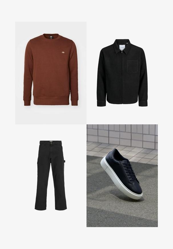 Chaqueta negra con cremallera y cuello, con un solo bolsillo en el pecho, expuesta sobre un fondo blanco.; Dickies OAKPORT - Sudadera - cappuccino; Pantalones cargo negros en tejido de mezcla de algodón. Presentan piernas anchas, bolsillos frontales inclinados y un bolsillo lateral con un lazo para accesorios.; Zapatilla de cuero negro con punta redonda y suela de goma blanca. Presenta cordones planos y un mínimo de costuras en la parte superior. Suela texturizada para proporcionar agarre.