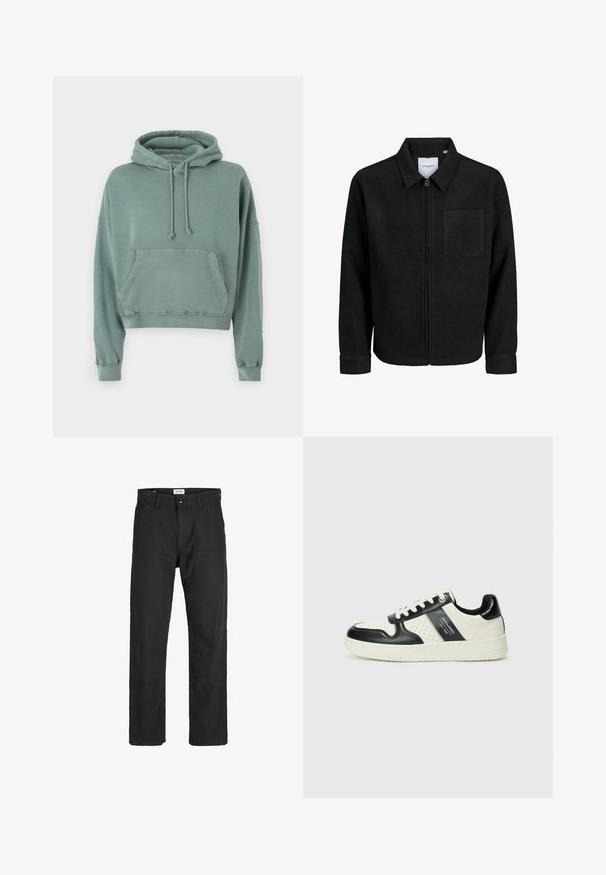 Schwarze Zip-Jacke mit Kragen und einer einzelnen Brusttasche, auf weißem Hintergrund präsentiert.; Mintgrüner, ausgekürzter Hoodie aus weichem Stoff, mit einer vorderen Tasche, Kapuze mit Kordelzug und gerippten Bündchen in entspannter Passform.; Schwarze Hosen aus strapazierfähigem Stoff, mit geradem Bein, genähten Akzenten und zwei vorderen Taschen für Funktionalität.; Leder-Sneaker in Schwarz- und Cremetönen, mit perforierten Akzenten, einem gepolsterten Kragen und einer strukturierten Laufsohle.