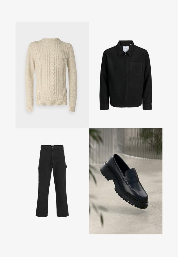 Czarna kurtka z zamkiem na całej długości, z kołnierzem i jedną kieszenią na piersi, umieszczona na białym tle.; Kremowy sweter robiony na drutach z detalami w warkocze, teksturowanymi wzorami, ściągaczami na mankietach i u dołu, okrągłym dekoltem oraz długimi rękawami.; Czarne spodnie cargo z mieszanki bawełny. Posiadają szerokie nogawki, ukośne kieszenie z przodu oraz kieszeń boczną z pętlą na akcesoria.; Czarne skórzane mokasyny z grubą podeszwą, z dekoracyjnym paskiem i detalami w st więcej. Gładka struktura z polerowanym wykończeniem.