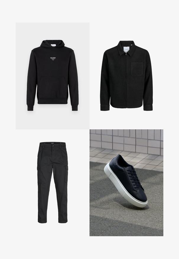 Schwarze Zip-Jacke mit Kragen und einer einzelnen Brusttasche, auf weißem Hintergrund präsentiert.; Schwarzer Hoodie aus einem Baumwollmix, mit einer Fronttasche, gerippten Bündchen und einem kleinen weißen gestickten Logo auf der Brust.; Schwarze Cargo-Hose aus robustem Material, mit mehreren Taschen, einem Knopfverschluss und einem Slim-Fit-Design mit schmal zulaufenden Beinen.; Schwarze Leder-Sneaker mit runder Zehenpartie und weißer Gummisohle. Verfügt über flache Schnürsenkel und minimale Nähte im Obermaterial. Strukturiertes Sohlenprofil für besseren Halt.