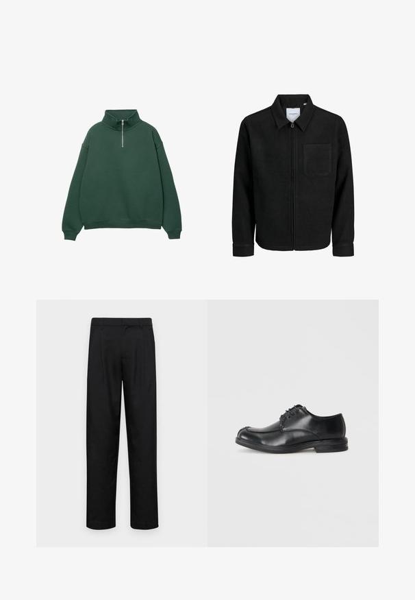 Črna jakna z zadrgo in ovratnikom ter enim žepom na prsih, prikazana na beli podlagi.; Temno zelena majica s kapuco na zadrgo in visokim ovratnikom. Narejena iz mehke tkanine, z nizkimi rameni ter rebrastimi manšeti in robom.; Črne hlače iz gladkega materiala, s krojem ravne noge, dvema sprednjima pregiboma in standardnim pasom z zankami za pas.; Črne usnjene čevlje z vezalkami, okroglo konico, gladko teksturo in nizko peto. Imajo šivano podrobnost vzdolž zgornjega dela in strani.