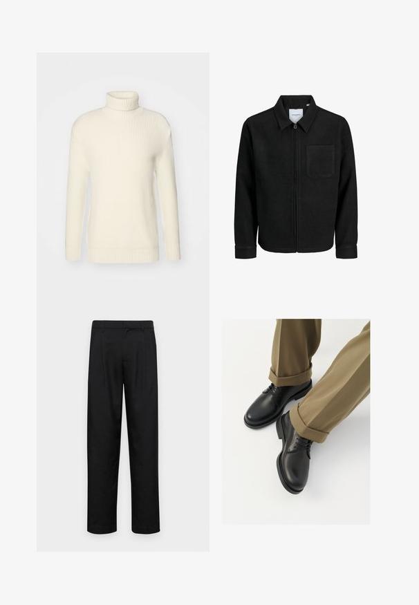 Mustaga lukuga jakker, millel on krae ja üks rinna-tasku, esitatud valgel taustal.; Kreemist turtleneck-sviitrid, mis on valmistatud ribakudumist, pika varrukaga ja lõdva sobivusega, ribakudumisega mansetid ja hem.; Mustad mustadest riietest, millel on sirge jalgade disain, kaks eesmist voltimist ja tavaline vöökoht, millel on vöökohad.; Mustad mustad naha kingad, millel on sile viimistlus, sidemed ja ümar nina, on kombineeritud üleskeeratud khaki pükstega.