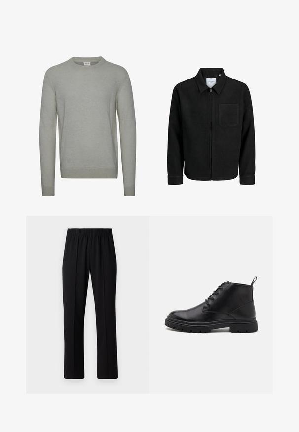 Schwarze Zip-Jacke mit Kragen und einer einzelnen Brusttasche, auf weißem Hintergrund präsentiert.; Hellgrauer Pullover aus Strickstoff, mit Rundhalsausschnitt, langen Ärmeln und gerippten Bündchen und Saum. Einfaches, einfarbiges Design.; Schwarze, Gummibund-Hosen mit geradem Schnitt, die eine glatte Textur aufweisen und keine sichtbaren Muster oder Beschläge haben.; Schwarze Leder-Stiefeletten mit Schnürung, strukturierten Sohlen und Zuglasche. Abgerundete Zehen und robuste Gummisohle mit verbessertem Grip.