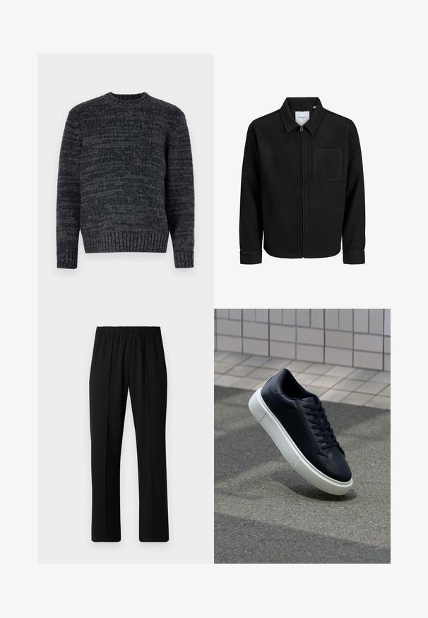 Sort lynlåsjakke med krave og en enkelt brystlomme, vist på hvid baggrund.; Mørkegrå strikket sweater med rund halsudskæring, lange ærmer og ribbede manchetter. Har et struktureret mønster overalt.; Sorte bukser med elastisk talje og lige ben, der har en glat tekstur og ingen synlige mønstre eller hardware.; Sort lædersneaker med rund tå og hvid gummisål. Har flade snørebånd og minimal syning på overdelen. Tekstureret sål for bedre greb.