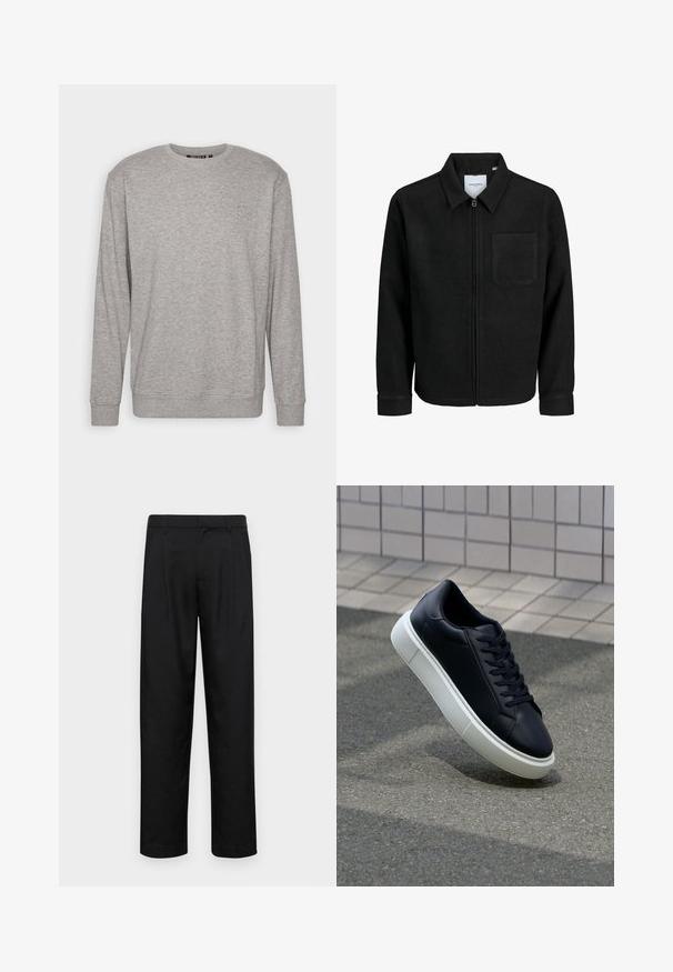 Black zip-up jacket with collar and single chest pocket, displayed on white background.; Light grey sweatshirt with long sleeves, crew neck, ribbed cuffs, and bottom hem. Features a subtle logo on the upper left chest area.; Black trousers made of smooth fabric, featuring a straight-leg design, two front pleats, and standard waistband with belt loops.; Black leather sneaker with rounded toe and white rubber sole. Features flat laces and minimal stitching on the upper. Textured sole for grip.