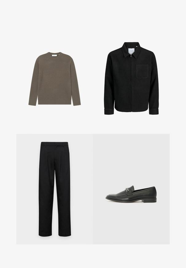 Čierna zipsová bunda s golierom a jednou náprsníkou, vystavená na bielom pozadí.; Hladký pletený sveter v zemitom hnedom odtieni, s okrúhlym výstrihom a dlhými rukávmi, s textúrovaným povrchom a diskrétnou značkovou etiketou.; Čierne nohavice vyrobené z hladkej tkaniny, s rovnými nohavicami, dvoma prednými skladmi a štandardným pásom s pútkami na opasok.; Čierne kožené loafers s hladkým povrchom, s prešitým dizajnom a dekoratívnym kovovým reťazovým akcentom cez priehlavok. Plochý podpätok.