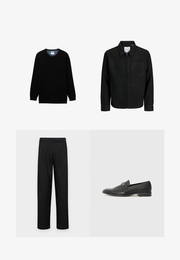 Čierna zipsová bunda s golierom a jednou náprsníkou, vystavená na bielom pozadí.; Čierny sveter s dlhými rukávmi vyrobený z rebrového materiálu s okrúhlym výstrihom. Obsahuje jemné logo na hrudníku a kontrastný vnútorný golier.; Čierne nohavice vyrobené z hladkej tkaniny, s rovnými nohavicami, dvoma prednými skladmi a štandardným pásom s pútkami na opasok.; Čierne kožené loafers s hladkým povrchom, s prešitým dizajnom a dekoratívnym kovovým reťazovým akcentom cez priehlavok. Plochý podpätok.