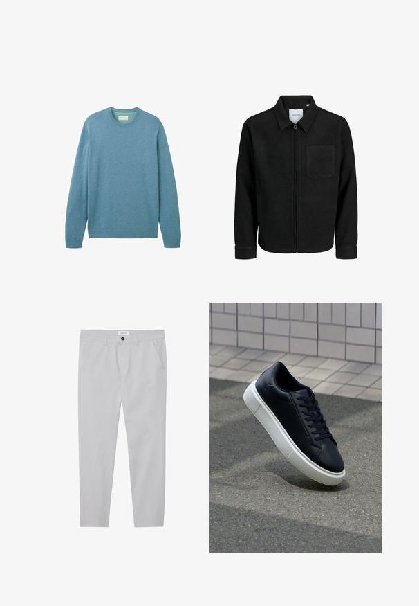 Zwarte zip-up jas met kraag en enkele borstzak, weergegeven op een witte achtergrond.; Lichtblauwe trui van zachte stof, met lange mouwen en een ronde hals. Ribgebreide boorden en zoom zorgen voor textuur. Geen zichtbare patronen.; Lichtgrijze broek van een zachte stof, met een slim fit, twee voorzakken, een knoopsluiting en subtiele textuurdetails.; Zwarte leren sneaker met een ronde neus en een witte rubberen zool. Voorzien van platte veters en minimale stiksels op het bovenwerk. Textuurrijke zool voor grip.