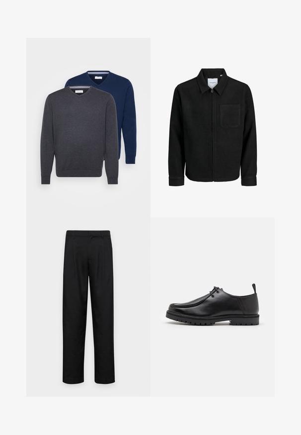 Schwarze Zip-Jacke mit Kragen und einer einzelnen Brusttasche, auf weißem Hintergrund präsentiert.; Zwei V-Ausschnitt-Pullover in Dunkelgrau und Marineblau, aus einem weichen Stoff mit gerippten Bündchen und einem gestreiften Detail im Halsauschnitt.; Schwarze Hose aus glattem Stoff, mit geradem Bein Design, zwei vorderen Falten und einem Standardbund mit Gürtelschlaufen.; Schwarze Leder-Schnürschuhe mit robustem Sohlenprofil und Zuglasche an der Ferse, von der Seite auf einem weißen Hintergrund gezeigt.