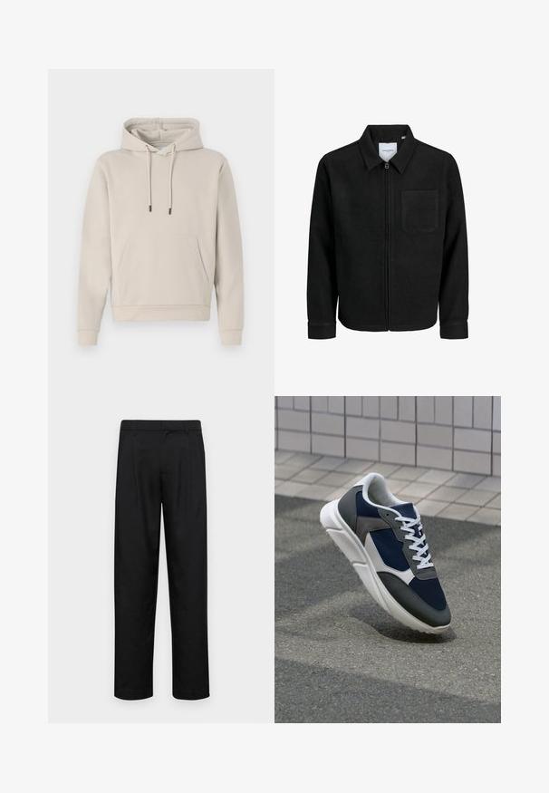 Black zip-up jacket with collar and single chest pocket, displayed on white background.; Hooded sweatshirt in light beige, featuring a front pocket, drawstrings, and ribbed cuffs. Made from soft, smooth fabric with a relaxed fit.; Black trousers made of smooth fabric, featuring a straight-leg design, two front pleats, and standard waistband with belt loops.; Sneaker featuring a navy blue mesh upper, gray suede accents, white rubber sole, and flat white laces, designed for comfort and breathability.
