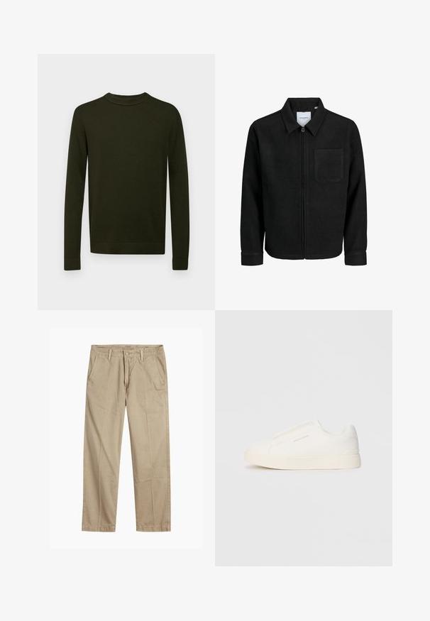 Černá zipová bunda s límečkem a jednou kapsou na hrudi, vystavená na bílém pozadí.; Tmavě zelený pletený svetr s kulatým výstřihem, dlouhými rukávy a žebrovanými manžetami. Jednoduchý, jednobarevný vzor bez dalších ozdob.; Beige rovné chino kalhoty s poutky na opasek, zapínáním na přední knoflík a zip, a šikmými předními kapsami.; Bílé slip-on tenisky s texturovaným povrchem, silnou podešví a minimalistickým designem. Na boku je umístěno logo značky.