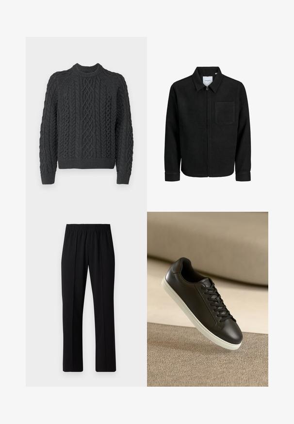 Schwarze Zip-Jacke mit Kragen und einer einzelnen Brusttasche, auf weißem Hintergrund präsentiert.; Dunkelgrauer Strickpullover mit einem Zopfmuster, rundem Ausschnitt und gerippten Bündchen sowie Saum. Das strukturierte Material sorgt für visuelles Interesse.; Schwarze, Gummibund-Hosen mit geradem Schnitt, die eine glatte Textur aufweisen und keine sichtbaren Muster oder Beschläge haben.; Schwarzer Ledersneaker mit weißer Gummisohle und schwarzen Schnürsenkeln, platziert auf einer beigen Stoffoberfläche und im Hintergrund.