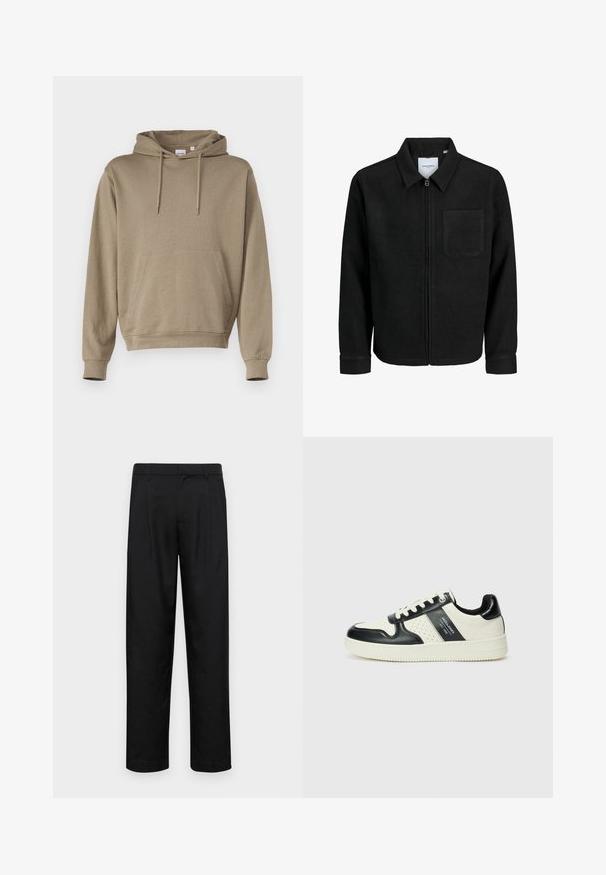 Black zip-up jacket with collar and single chest pocket, displayed on white background.; Hooded sweatshirt in light brown fabric, featuring a front kangaroo pocket, ribbed cuffs, and a relaxed fit design.; Black trousers made of smooth fabric, featuring a straight-leg design, two front pleats, and standard waistband with belt loops.; Leather sneakers with a black and cream color scheme, featuring perforated accents, a padded collar, and a textured outsole.