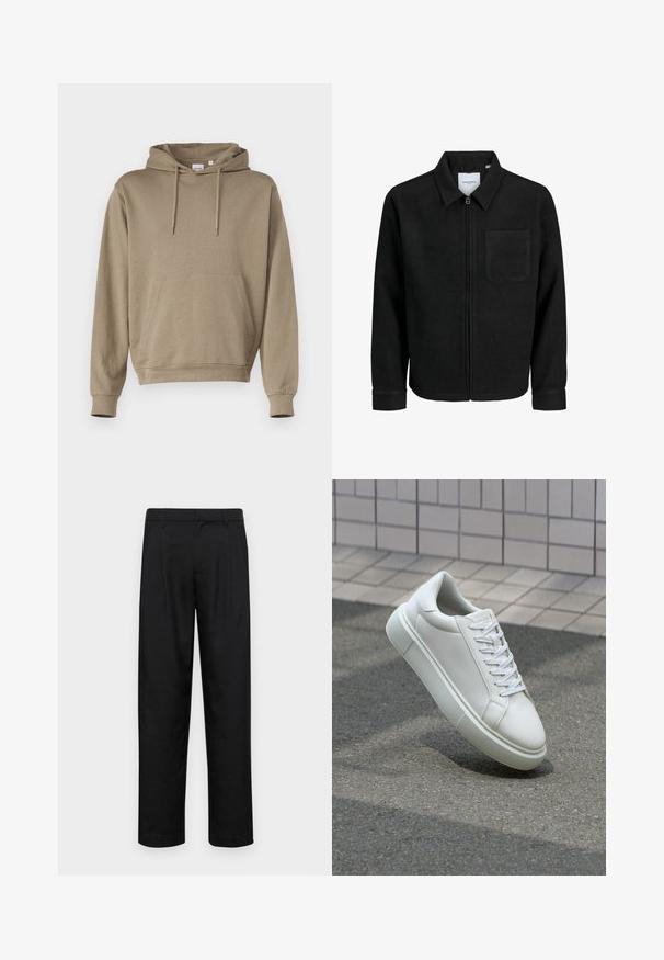 Czarna kurtka z zamkiem na całej długości, z kołnierzem i jedną kieszenią na piersi, umieszczona na białym tle.; Kapturowa bluza z jasnobrązowego materiału, z przednią kieszenią kangurką, ściągaczami na rękawach i luźnym krojem.; Czarne spodnie wykonane z gładkiego materiału, z prostą nogawką, dwoma fałdami z przodu oraz standardowym paskiem z wypustkami na pasek.; Białe skórzane trampki z gładką powierzchnią, okrągłym noskiem i płaskimi białymi sznurowadłami. Posiadają teksturowaną gumową podeszwę oraz minimalistyczne elementy projektowe.