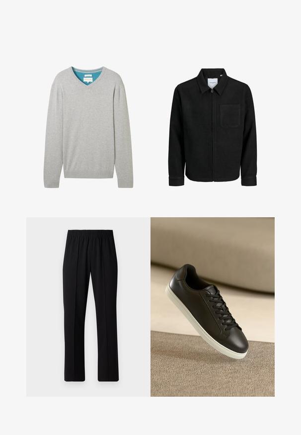 Musta vetoketjullinen takki, jossa on kaulus ja yksi rintatasku, esitelty valkoista taustaa vasten.; Harmaa pitkähihaisen neulepaidat, jossa on V-pääntie, valmistettu puuvillasta. Sisältää kontrastoivan sinisen sisäpään. Ribbaus hihansuissa ja helmassa.; Mustat, joustavat vyötäröhousut suoralla lahkeella, joissa on sileä pinta ilman näkyviä kuvioita tai metalliosia.; Mustat nahkaiset lenkkarit valkoisella kumipohjalla ja mustilla nauhoilla, aseteltuna vaaleanbeigejän kankaan pinnan ja taustan päälle.