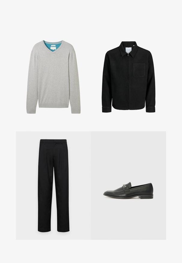 Fekete, zipzáros dzseki gallérral és egyetlen mellzsebbel, fehér háttéren.; Szürke, hosszan szabott, V nyakú pulóver, pamutból készült. Kontrasztos kék bélés található a nyakrészen. Bordás mandzsetták és szegély.; Fekete nadrág sima anyagból, egyenes szárú fazonnal, két elülső redővel és közönséges derékkal, övhurkokkal.; Fekete bőr loaferek sima felülettel, varrott mintával és díszítő fém lánccal a cipő elején. Lapos sarok.