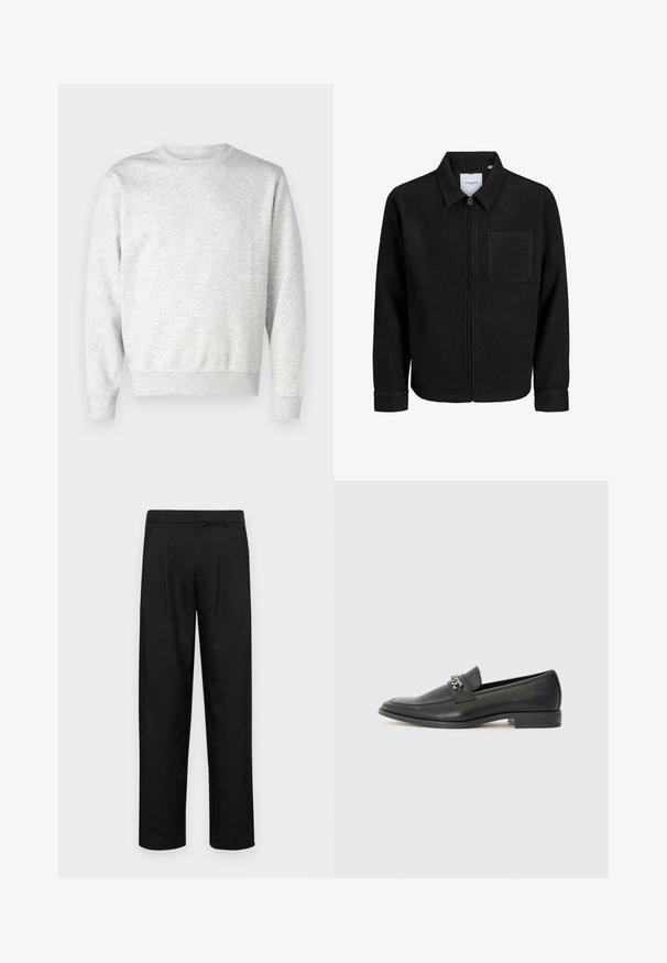 Svart zip-jacka med krage och en enda bröstficka, visad på vit bakgrund.; Grå sweatshirt gjord av mjukt material. Har rund halsringning, långa ärmar, ribbad mudd vid ärmarna och ribbad nederkant. Enkel, odekorerad design.; Svarta byxor i slät väv, med rak ben-design, två framfickor och standardmidja med bälteshällor.; Svart läderloafers med en slät yta, med en sydd design och en dekorativ metallkedjeaccent över västen. Platt häldesign.