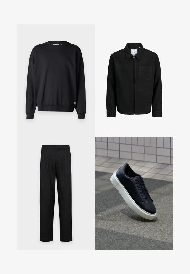 Zwarte zip-up jas met kraag en enkele borstzak, weergegeven op een witte achtergrond.; Zwarte sweatshirt met lange mouwen, ronde hals, ribgebreide manchetten en onderrand. Gemaakt van zacht materiaal, met een klein logo-patch aan de onderkant.; Zwarte broeken van gladde stof, met een recht model, twee voorknikken en een standaard tailleband met riemlussen.; Zwarte leren sneaker met een ronde neus en een witte rubberen zool. Voorzien van platte veters en minimale stiksels op het bovenwerk. Textuurrijke zool voor grip.