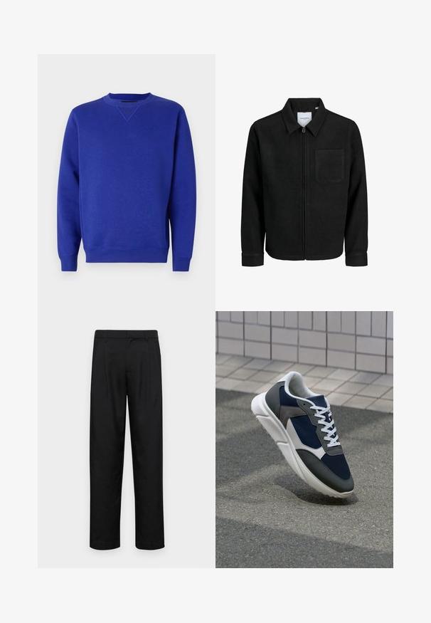 Giacca nera con zip, colletto e una tasca sul petto, mostrata su sfondo bianco.; Felpa blu con scollatura rotonda e polsini a coste. Realizzata in tessuto morbido con una texture liscia e dettagli del logo sul petto.; Pantaloni neri realizzati in tessuto liscio, caratterizzati da un taglio dritto, due pieghe frontali e una vita standard con passanti per la cintura.; Sneaker con tomaia in rete blu navy, inserti in suede grigio, suola in gomma bianca e lacci bianchi piatti, progettata per comfort e traspirabilità.