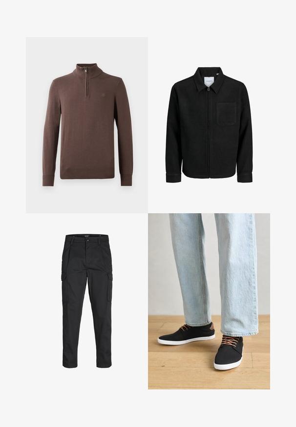 Juodas džemperis su užtrauktuku, apykakle ir vienu krūtiniu kišenėje, pristatytas baltame fone.; Rudas megztinis su aukšta apykakle ir ketvirtiniu užtrauktuku. Yra gipiūro rankogaliai ir apykaklė, taip pat mažas logotipo detalė ant krūtinės.; Juodi krovinių tipo džinsai, pagaminti iš tvirto audinio, su keliais kišeniais, mygtuko uždarymu ir siauru, prigludusiu dizainu su siaurėjančiomis kojomis.; Juodi drobės sportbačiai su rudos spalvos akcentais, baltais gumos padu, rudi raišteliai, derinami su šviesiai mėlynomis tiesiomis džinsinėmis kelnėmis. Medinis grindų fonas.