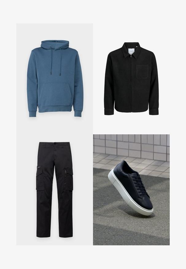 Veste zippée noire avec col et poche poitrine unique, présentée sur fond blanc.; Sweatshirt à capuche bleu, avec une poche avant, des cordons de serrage, des poignets et un ourlet côtelés. Fabriqué en tissu doux et texturé.; Pantalons cargo noirs avec plusieurs poches, une poche zippée sur la cuisse, coupe droite et tissu en coton résistant avec un léger éclat.; Baskets noires en cuir avec bout arrondi et semelle en caoutchouc blanc. Elles présentent des lacets plats et une couture minimale sur la tige. Semelle texturée pour une bonne adhérence.