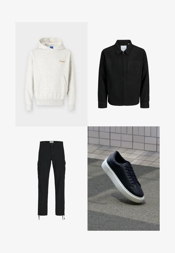 Sort lynlåsjakke med krave og en enkelt brystlomme, vist på hvid baggrund.; Lys grå hoodie lavet af blødt stof, med en kængurulomme og ribbede manchetter, samt et lille gult grafisk motiv på brystet.; Sorte cargo bukser med lige snit, der har sidelommer, knaplukning og elastiske snore ved anklerne. Fremstillet af slidstærkt stof.; Sort lædersneaker med rund tå og hvid gummisål. Har flade snørebånd og minimal syning på overdelen. Tekstureret sål for bedre greb.