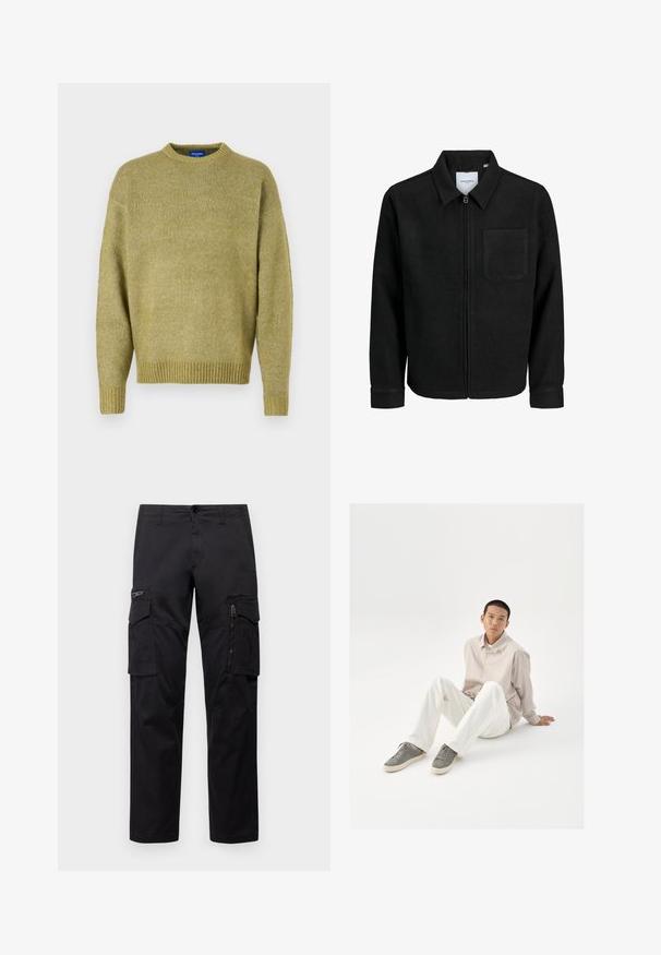 Černá zipová bunda s límečkem a jednou kapsou na hrudi, vystavená na bílém pozadí.; Pletený svetr v tlumené olivově zelené barvě, s kulatým výstřihem, spadlými rameny, ribbovanými manžetami a texturovaným povrchem.; Černé cargo kalhoty s několika kapsami, zipovou kapsou na stehnu, přímým střihem a pevnou bavlněnou tkaninou s lehkým leskem.; Krémová košile na knoflíky, bílé kalhoty a šedé tenisky. Košile má volný střih a tenisky mají texturovaný povrch a zavazování.
