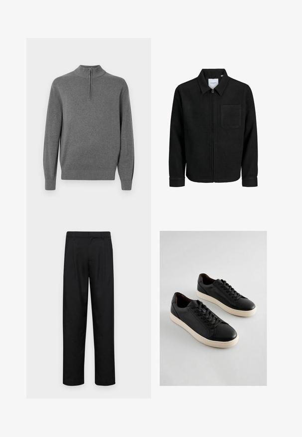 Giacca nera con zip, colletto e una tasca sul petto, mostrata su sfondo bianco.; Maglione grigio con collo alto e zip a metà lunghezza. Realizzato in un tessuto morbido, presenta polsini e orlo a coste.; Pantaloni neri realizzati in tessuto liscio, caratterizzati da un taglio dritto, due pieghe frontali e una vita standard con passanti per la cintura.; Le sneaker in pelle nera presentano una finitura testurizzata, una punta rotonda e una suola in gomma crema. I lacci si trovano sul davanti, con un design semplice e classico.