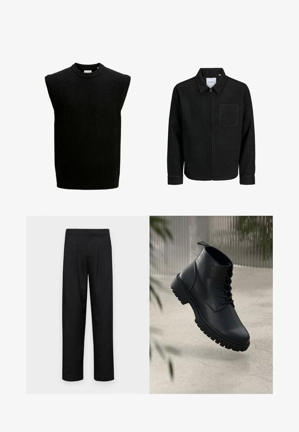 Schwarze Zip-Jacke mit Kragen und einer einzelnen Brusttasche, auf weißem Hintergrund präsentiert.; Schwarzer ärmelloser Pullover mit rundem Halsausschnitt, aus strukturiertem Stoff gefertigt, mit geripptem Saum und Armausschnitten. Einfaches und minimalistisches Design.; Schwarze Hose aus glattem Stoff, mit geradem Bein Design, zwei vorderen Falten und einem Standardbund mit Gürtelschlaufen.; Schwarze Lederstiefeletten mit runder Zehenform, Schnürdesign und robustem Gummisohle. Glatte Textur mit einer Zuglasche an der Rückseite.