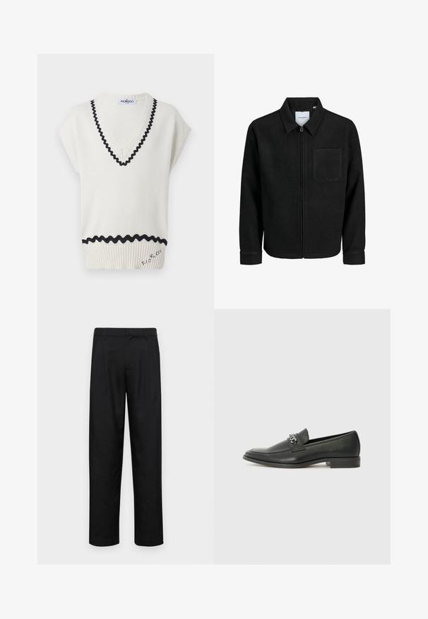 Fekete, zipzáros dzseki gallérral és egyetlen mellzsebbel, fehér háttéren.; Krém színű, kötött, ujjatlan felső V-nyakkal, fekete hullámos díszítéssel és bordázott részletekkel az alján, hímzett logóval.; Fekete nadrág sima anyagból, egyenes szárú fazonnal, két elülső redővel és közönséges derékkal, övhurkokkal.; Fekete bőr loaferek sima felülettel, varrott mintával és díszítő fém lánccal a cipő elején. Lapos sarok.