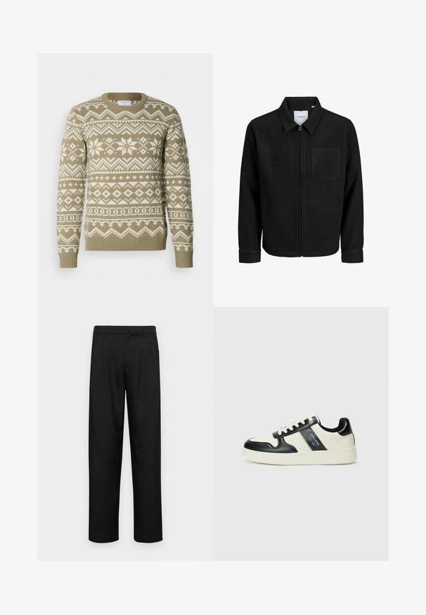 Melna jaka ar rāvējslēdzēju un apkakli, vienu krūšu kabatu, parādīta uz baltas fona.; Adīta džemperis smilšu bēšā krāsā ar baltām ģeometriskām un puķu rakstām. Ievērojama apaļa kakla izgriezums un ribotas aproces un apakšmala.; Melnas bikses, izgatavotas no gludas auduma, ar taisnu kāju dizainu, divām priekšējām krokām un standarta jostu, kurai ir āķi.; Ādas sporta apavi ar melnbaltu krāsu shēmu, ar perforētiem akcentiem, mīkstinātu apkakli un teksturētu zoli.