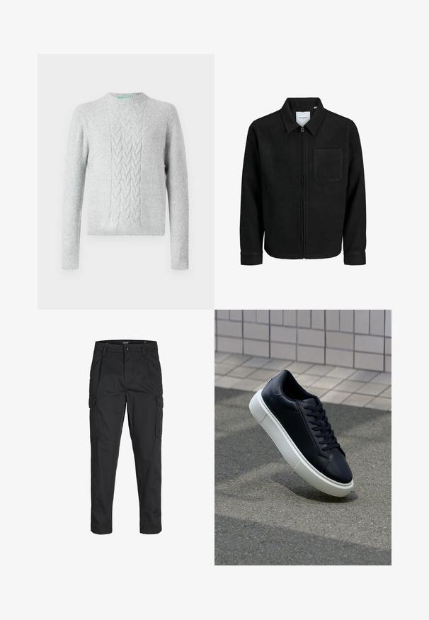 Mustaga lukuga jakker, millel on krae ja üks rinna-tasku, esitatud valgel taustal.; Hele halli kudumisega sviiter, millel on kootud palmikmuster rinnal, ümara kaela ja pikad varrukad, ribilised randmed ja alläär. Sujuv tekstuur, minimaalne brändimine.; Mustad mustapõlvik, mis on valmistatud tugeva koe kasutades, sisaldab mitmeid taskuid, nupule kinnitatav sulgemine ja kitsenev disain.; Mustast nahast tennisetoss, millel on ümar nina ja valge kummist tall. Omab siredaid paelu ja minimaalset õmblemist ülemises osas. Tekstuuriga tald, mis tagab haakuvuse.