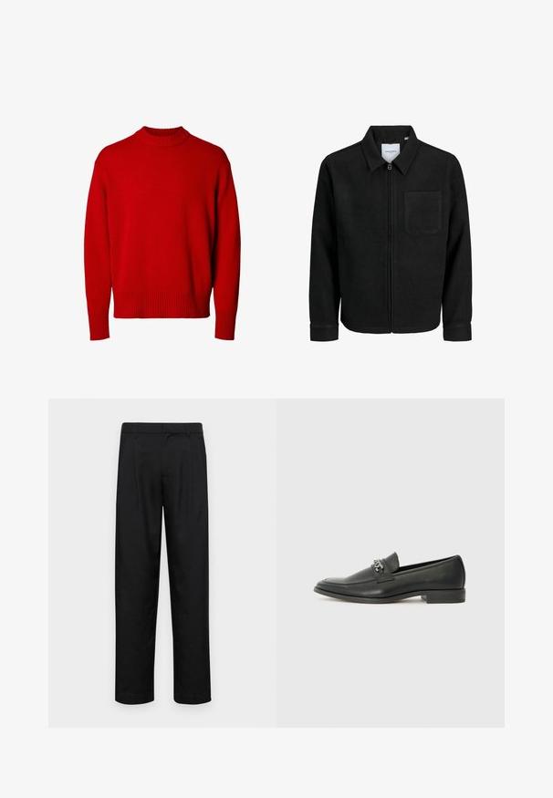 Mustaga lukuga jakker, millel on krae ja üks rinna-tasku, esitatud valgel taustal.; Punane pikade varrukatega ümardatud kaelusega sviiter, millel on soonikust kaelus, varrukasuu ja alläär, paigutatud valgele taustale.; Mustad mustadest riietest, millel on sirge jalgade disain, kaks eesmist voltimist ja tavaline vöökoht, millel on vöökohad.; Must haveate nahkking punased, millel on sile viimistlus, tikitud muster ja dekoratiivne metallkett vampi üle. Tasane konts.