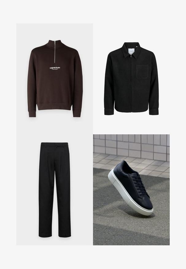 Juodas džemperis su užtrauktuku, apykakle ir vienu krūtiniu kišenėje, pristatytas baltame fone.; Rudas sportinis džemperis su aukštu apykakle ir puse užtrauktuko. Krūtinėje yra balta logotipas "originals Studio"; raukšlėtos rankogaliai ir apykaklė.; Juodi kelnių modeliai, pagaminti iš lygios medžiagos, turi tiesią kojas, du priekiniai klostės ir standartinę juosmenį su diržo kilpomis.; Juodas odinis sportbačius su apvaliu pirštu ir baltu gumuotu padu. Turi plokščias raišteles ir minimalų siuvimą viršuje. Padangos tekstūra užtikrina sukibimą.