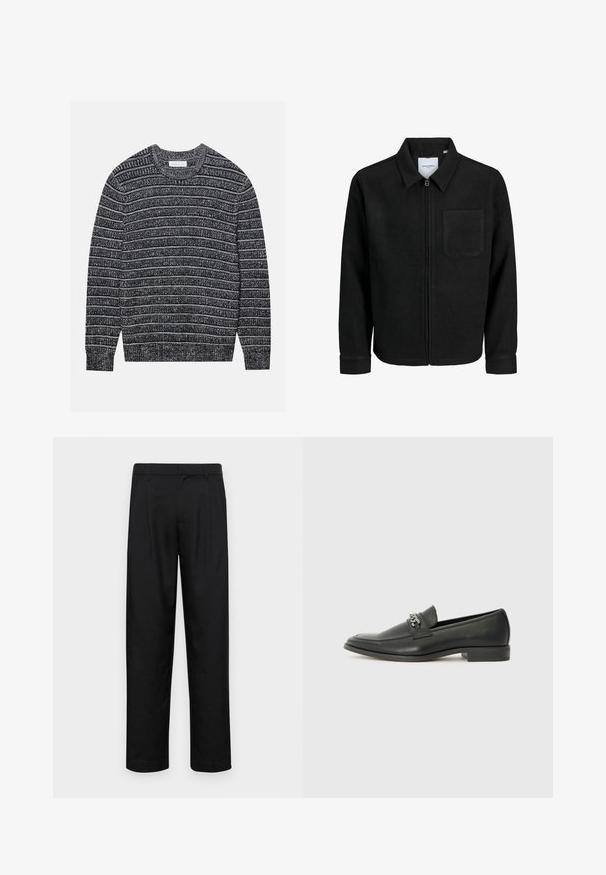 Czarna kurtka z zamkiem na całej długości, z kołnierzem i jedną kieszenią na piersi, umieszczona na białym tle.; Sweter dziewiarski w poziome pasy w ciemnoszarym i białym kolorze, okrągły dekolt, ściągacze na rękawach i dole. Miękka tekstura, regularny krój.; Czarne spodnie wykonane z gładkiego materiału, z prostą nogawką, dwoma fałdami z przodu oraz standardowym paskiem z wypustkami na pasek.; Czarne skórzane mokasyny o gładkim wykończeniu, z haftowanym wzorem i dekoracyjnym akcentem z metalowego łańcucha na wierzchu. Płaska pięta.