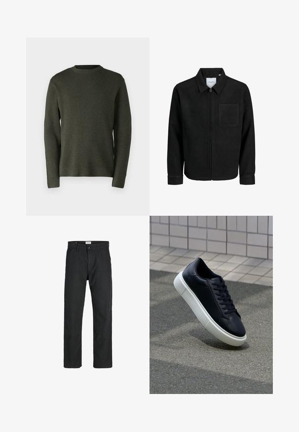 Černá zipová bunda s límečkem a jednou kapsou na hrudi, vystavená na bílém pozadí.; Tmavě zelený svetr s kulatým výstřihem, vyrobený z měkké pleteniny. Dlouhé rukávy a volný střih s hladkým texturem.; Černé kalhoty vyrobené z odolné tkaniny, s rovnými nohavicemi, šitými akcenty a dvěma předními kapsami pro praktičnost.; Černé kožené tenisky s kulatou špičkou a bílou gumovou podrážkou. mají ploché tkaničky a minimální šití na svršku. Texturovaná podrážka pro lepší přilnavost.